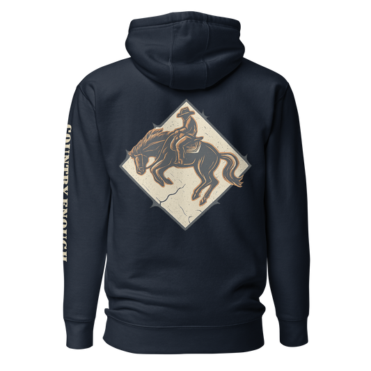 Navy Blazer hoodie with diamond shape graphic including a bucking horse and rider #navyblazer