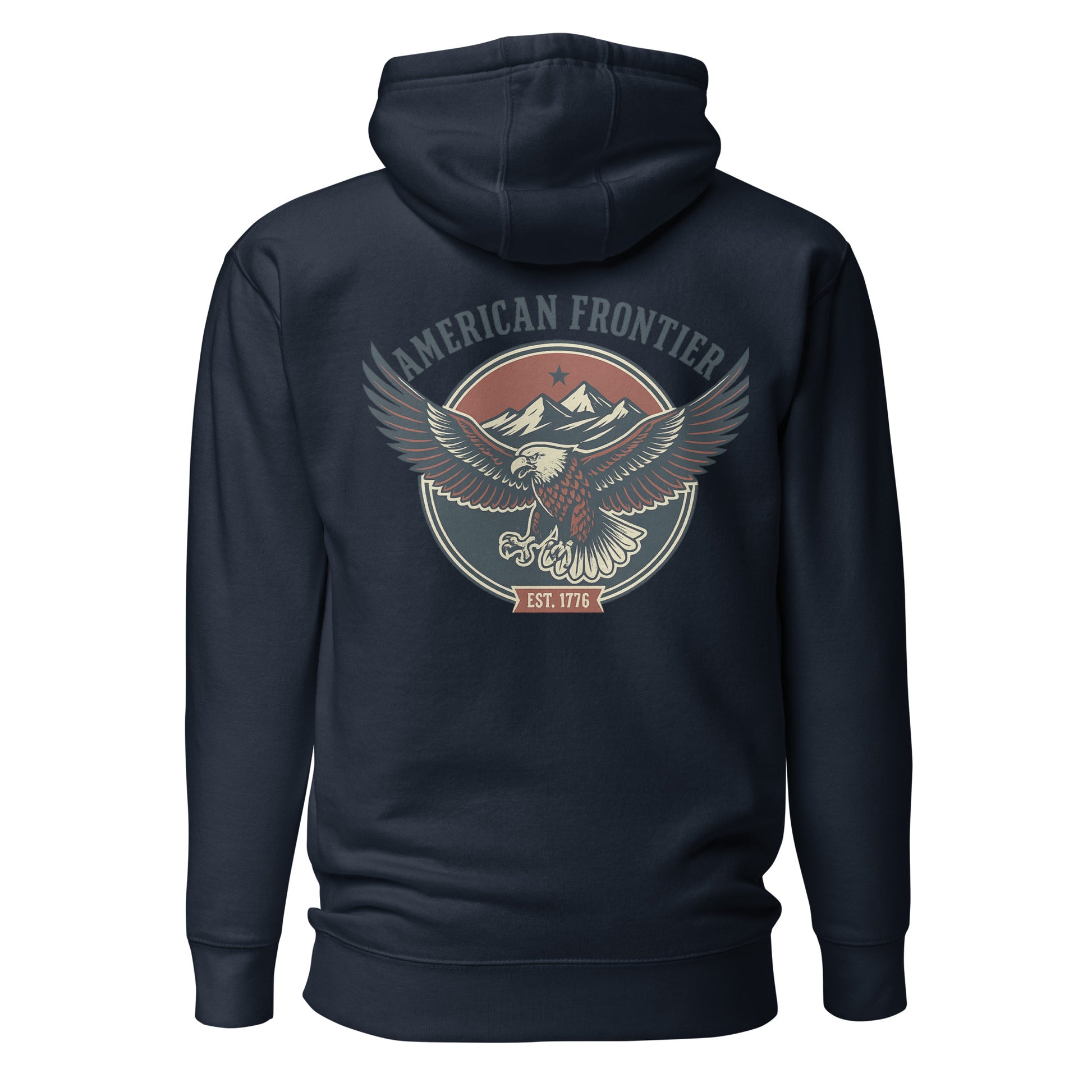 Navy Blazer hoodie with an eagle and mountains in red, white, and blue with words American Frontier EST 1776 #navyblazer