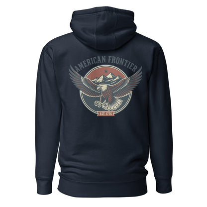 Navy Blazer hoodie with an eagle and mountains in red, white, and blue with words American Frontier EST 1776 #navyblazer