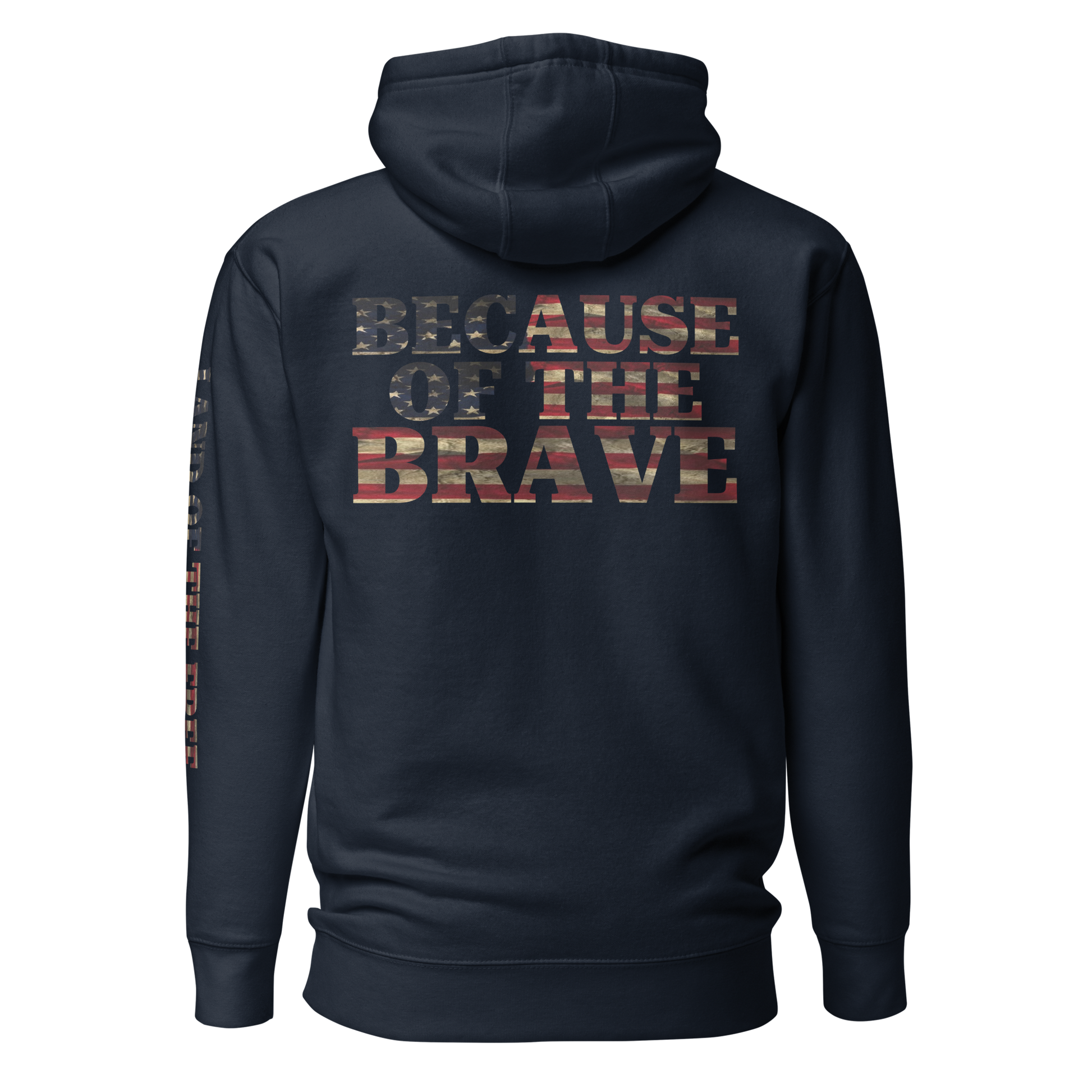 Navy Blazer hoodie with American flag fille words because of the brave on the back and land of the free on the sleeve #navyblazer