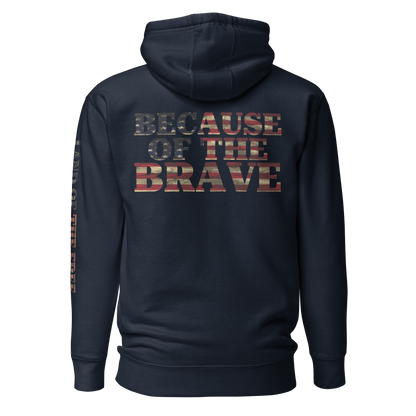 Navy Blazer hoodie with American flag fille words because of the brave on the back and land of the free on the sleeve #navyblazer
