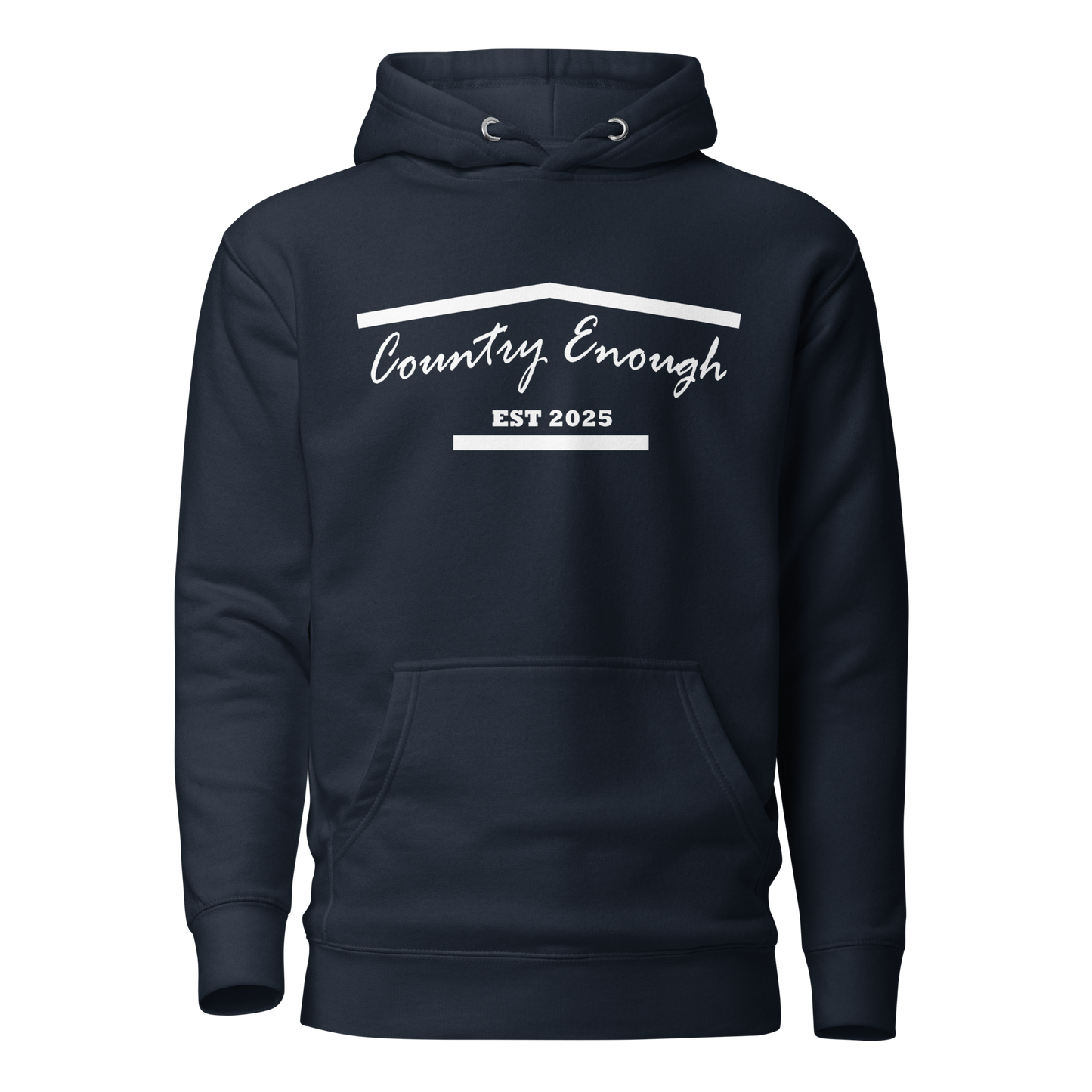 Navy Blazer hoodie with graphic of the outline of a house and the words country enough est 2025 #navyblazer