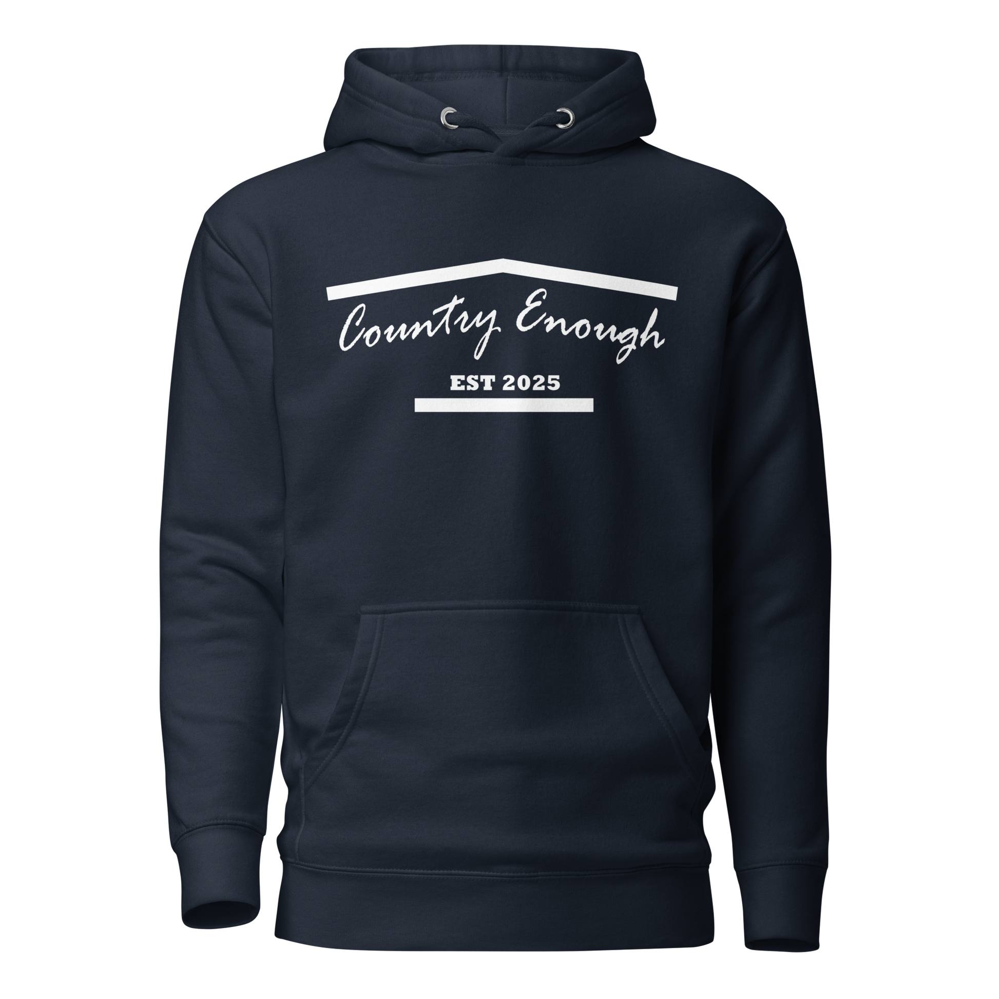 Navy Blazer hoodie with graphic of the outline of a house and the words country enough est 2025 #navyblazer