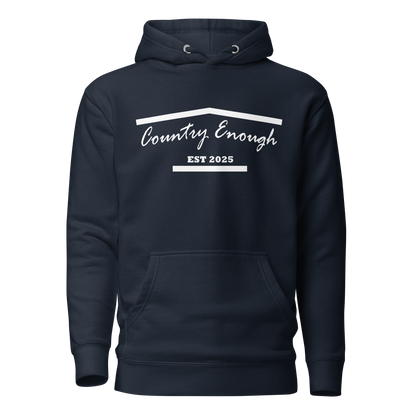 Navy Blazer hoodie with graphic of the outline of a house and the words country enough est 2025 #navyblazer