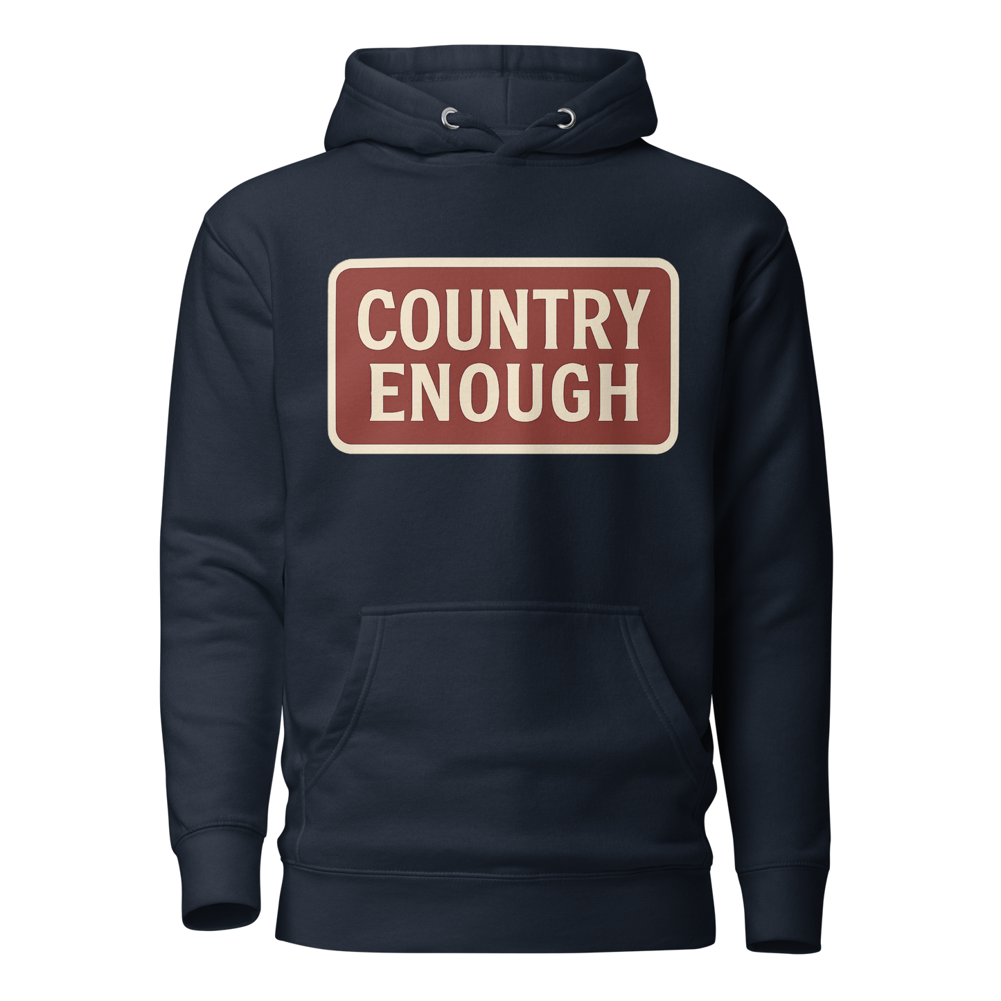 Navy Blazer hoodie with rounded box graphic of the words country enough in a cream and maroon design #navyblazer