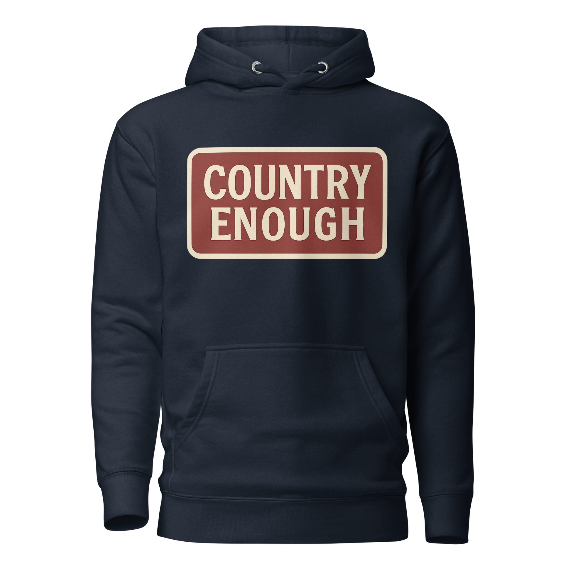 Navy Blazer hoodie with rounded box graphic of the words country enough in a cream and maroon design #navyblazer