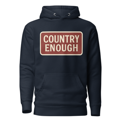 Navy Blazer hoodie with rounded box graphic of the words country enough in a cream and maroon design #navyblazer
