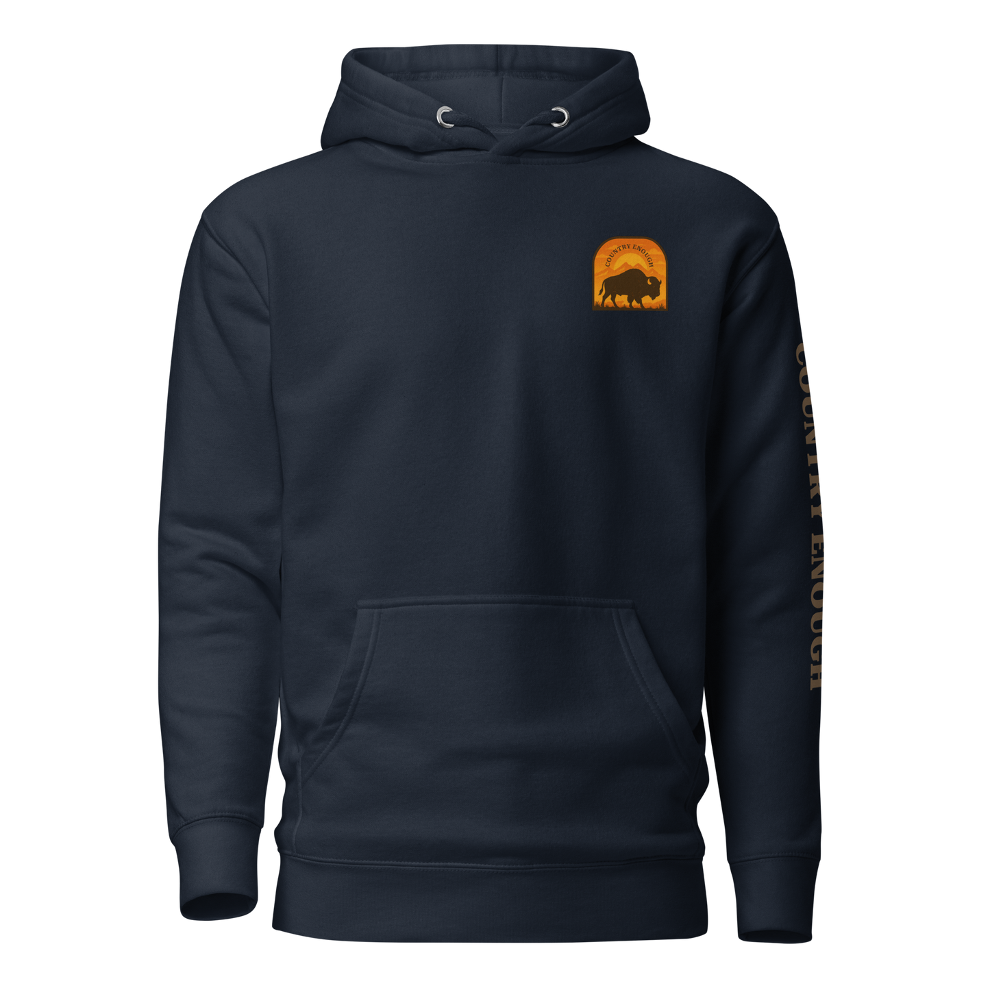 Navy Blazer hoodie with a chest logo that includes a based, sunset, mountains, and the words country enough #navyblazer