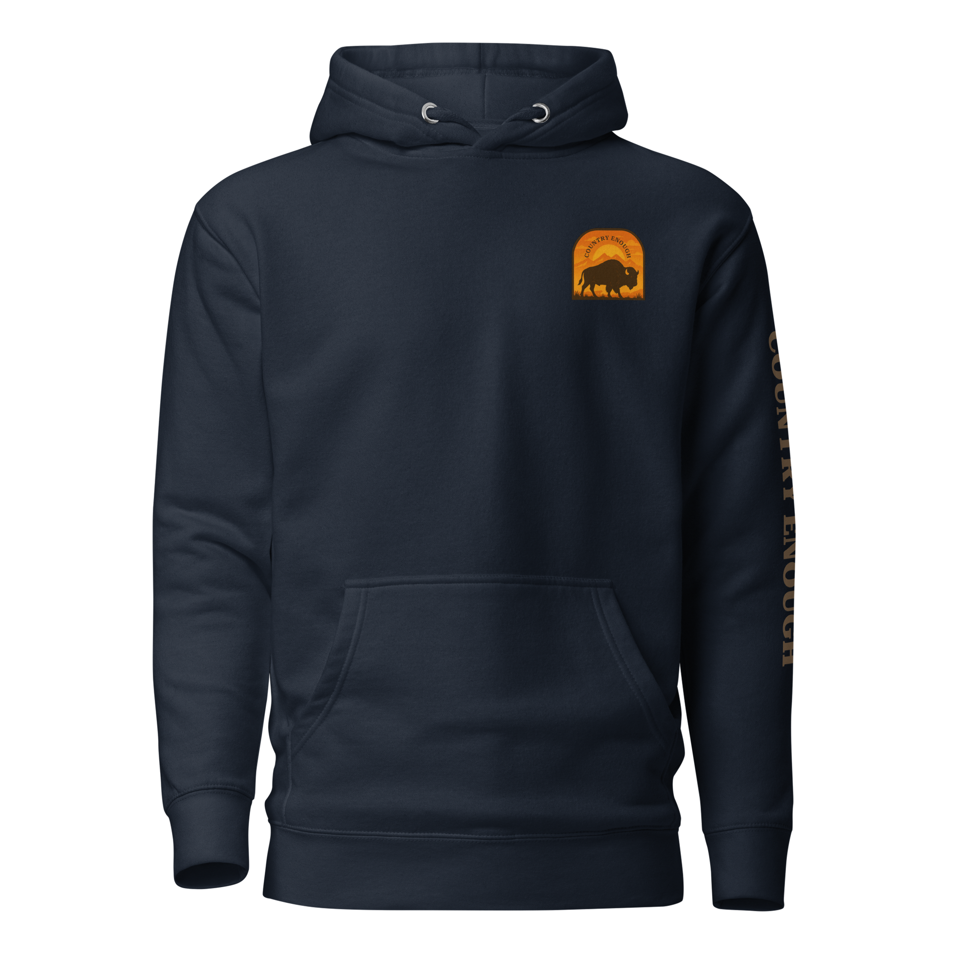 Navy Blazer hoodie with a chest logo that includes a based, sunset, mountains, and the words country enough #navyblazer