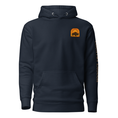 Navy Blazer hoodie with a chest logo that includes a based, sunset, mountains, and the words country enough #navyblazer