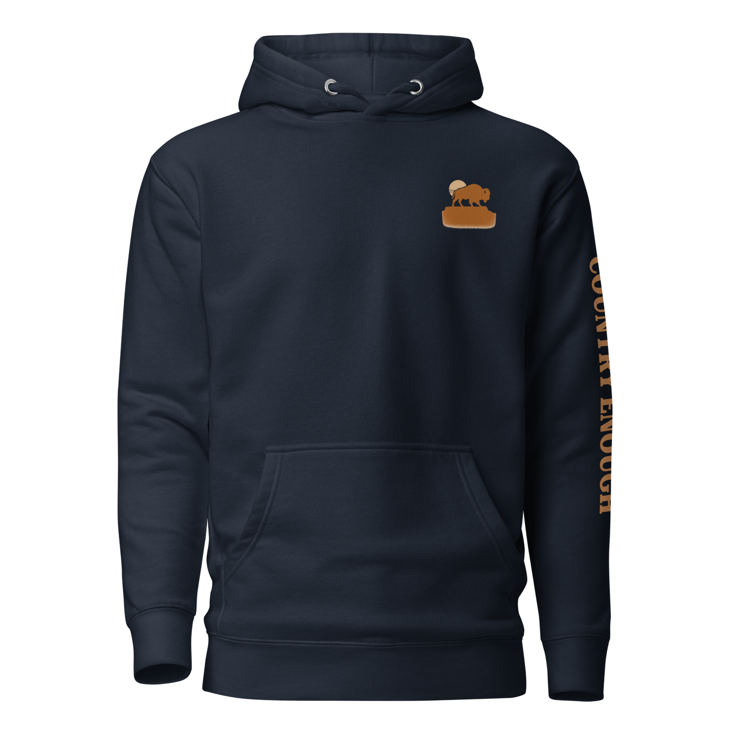 Navy Blazer hoodie with graphic of bison atop a plateau, the sun behind, and the words country enough #navyblazer