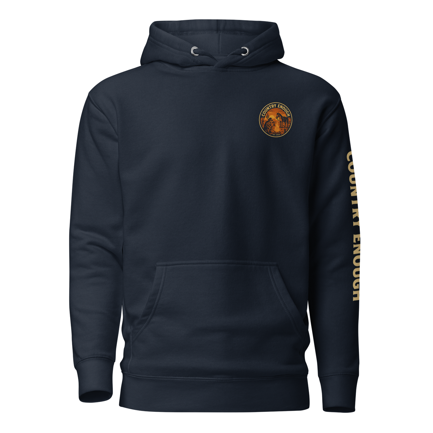 Navy Blazer hoodie with circular graphic of a cowboy, horse, campfire, sun, cacti and desert landscape with words country enough #navyblazer