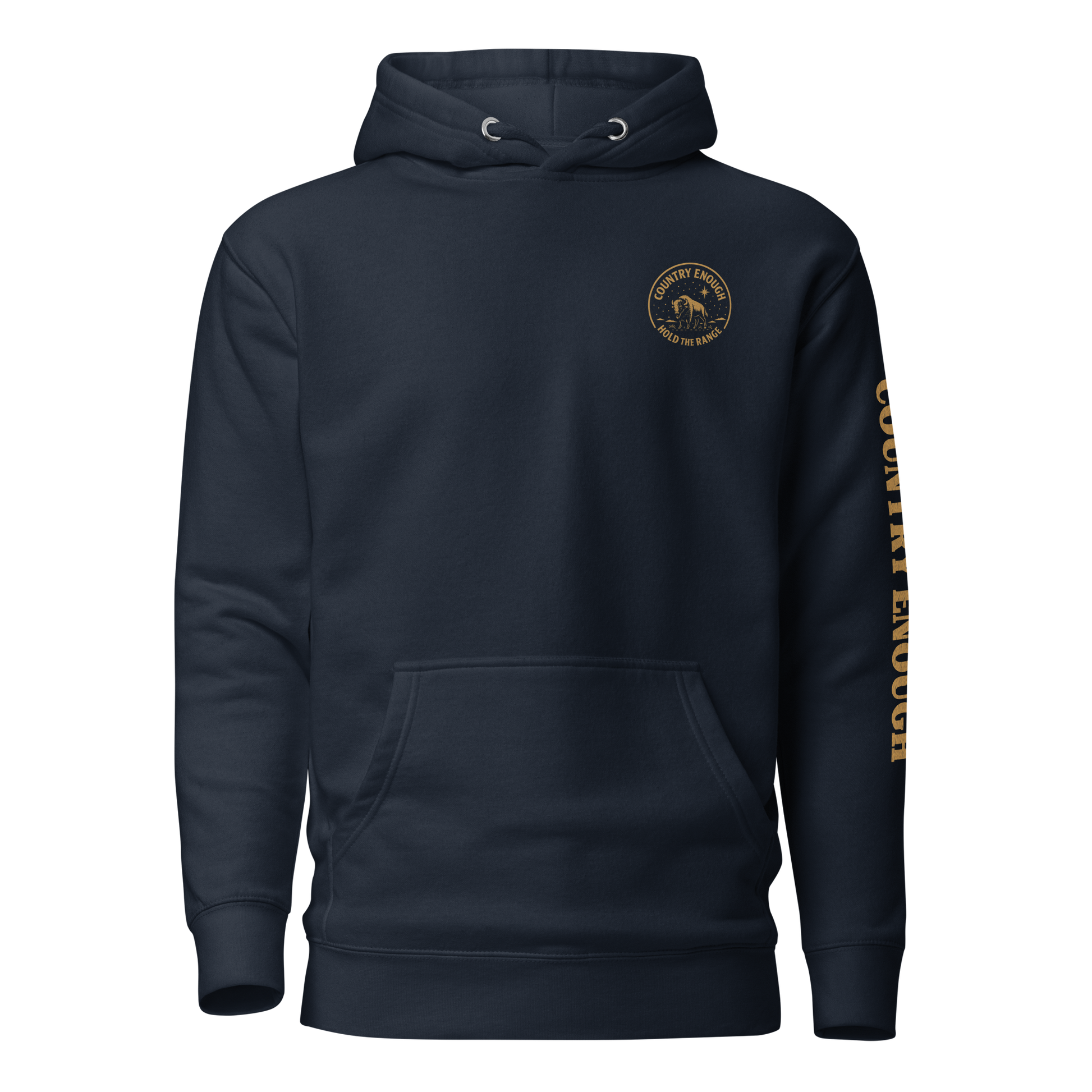 Navy Blazer hoodie with circular graphic of a bison, starry sky, and the words country enough and hold the range #navyblazer