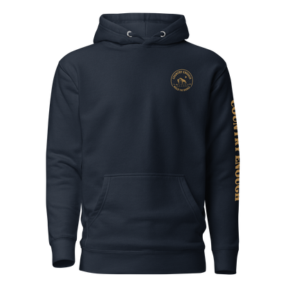 Navy Blazer hoodie with circular graphic of a bison, starry sky, and the words country enough and hold the range #navyblazer