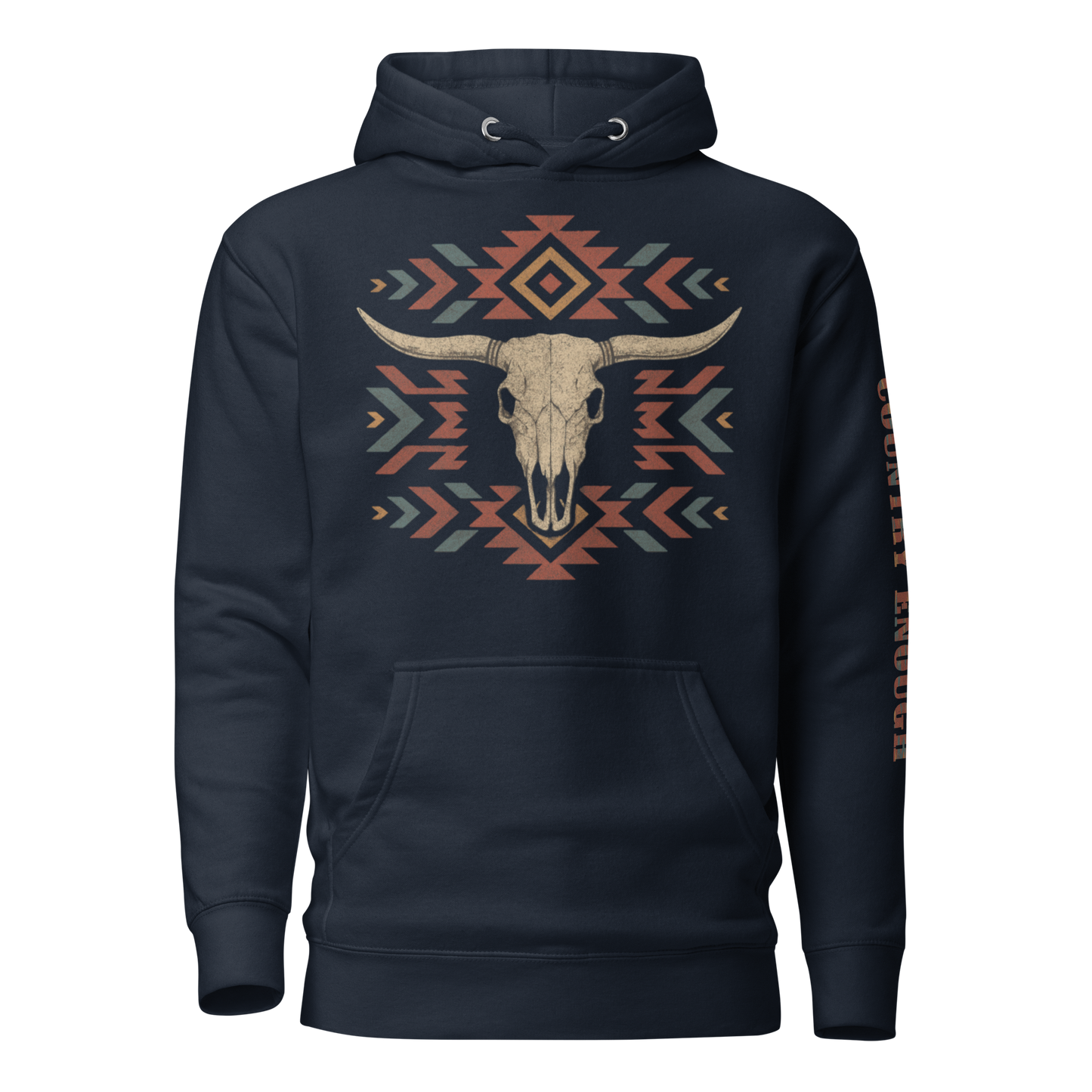 Navy Blazer hoodie with graphic of aztec patter, bull skull, and the words country enough #navyblazer