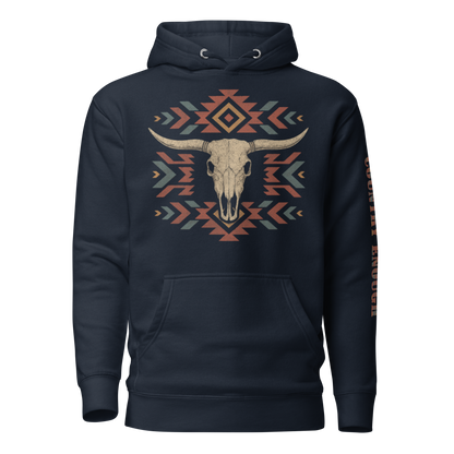 Navy Blazer hoodie with graphic of aztec patter, bull skull, and the words country enough #navyblazer