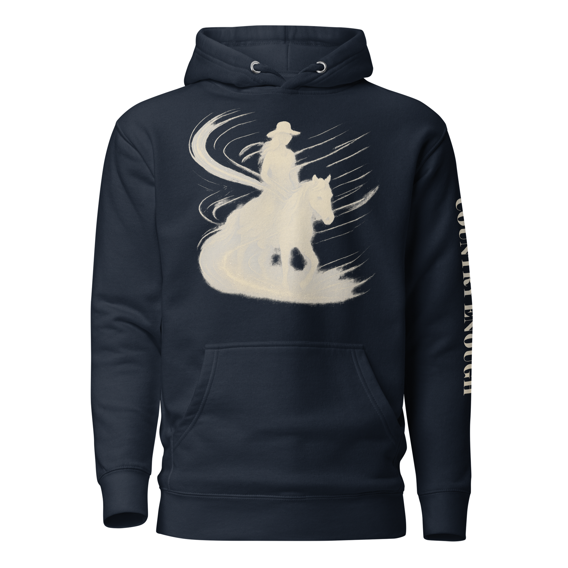 Navy Blazer hoodie with graphic of a cowgirl silhouette in a light pink color with words country enough #navyblazer
