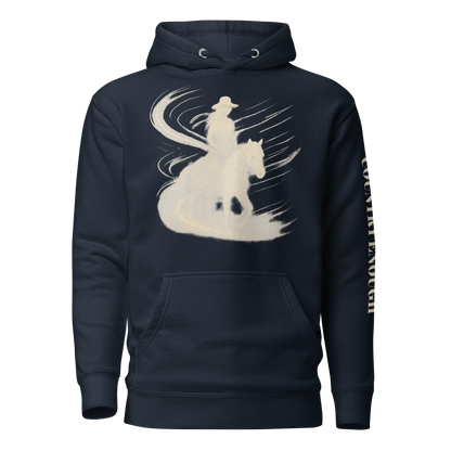 Navy Blazer hoodie with graphic of a cowgirl silhouette in a light pink color with words country enough #navyblazer