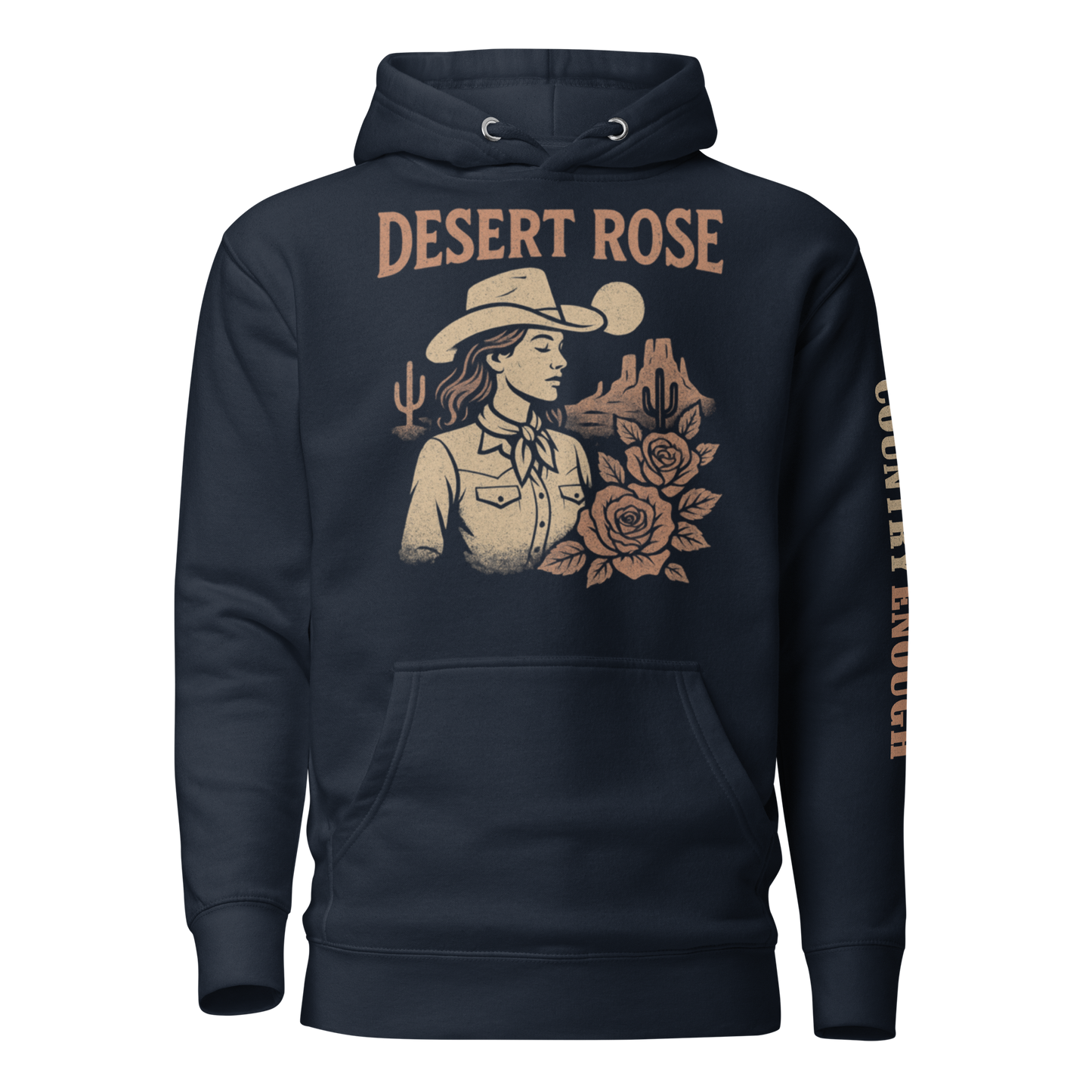 Navy Blazer hoodie with graphic of cowgirl, roses, sun, and desert landscape #navyblazer