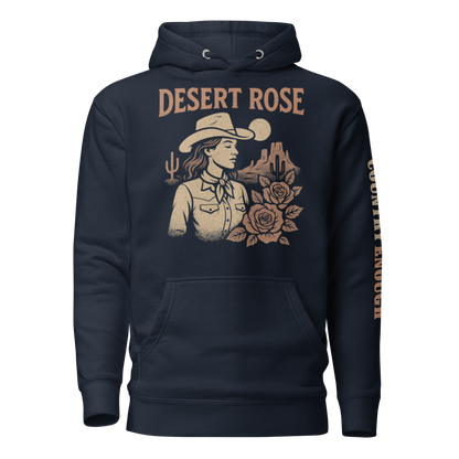 Navy Blazer hoodie with graphic of cowgirl, roses, sun, and desert landscape #navyblazer