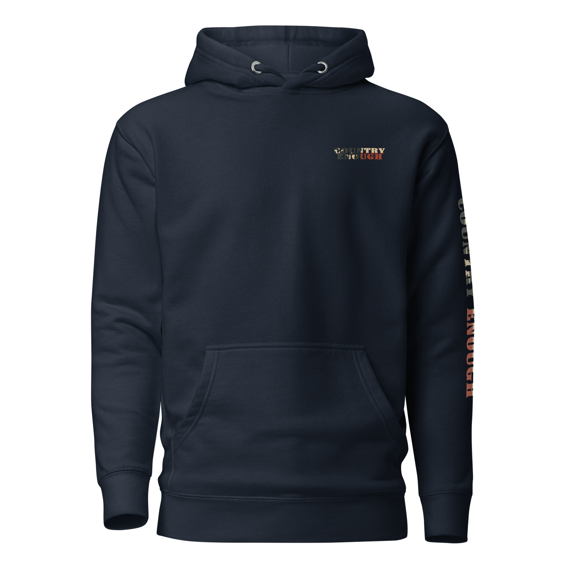 Navy Blazer hoodie with graphic of the words country enough filled with the American flag #navyblazer