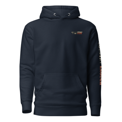 Navy Blazer hoodie with graphic of the words country enough filled with the American flag #navyblazer