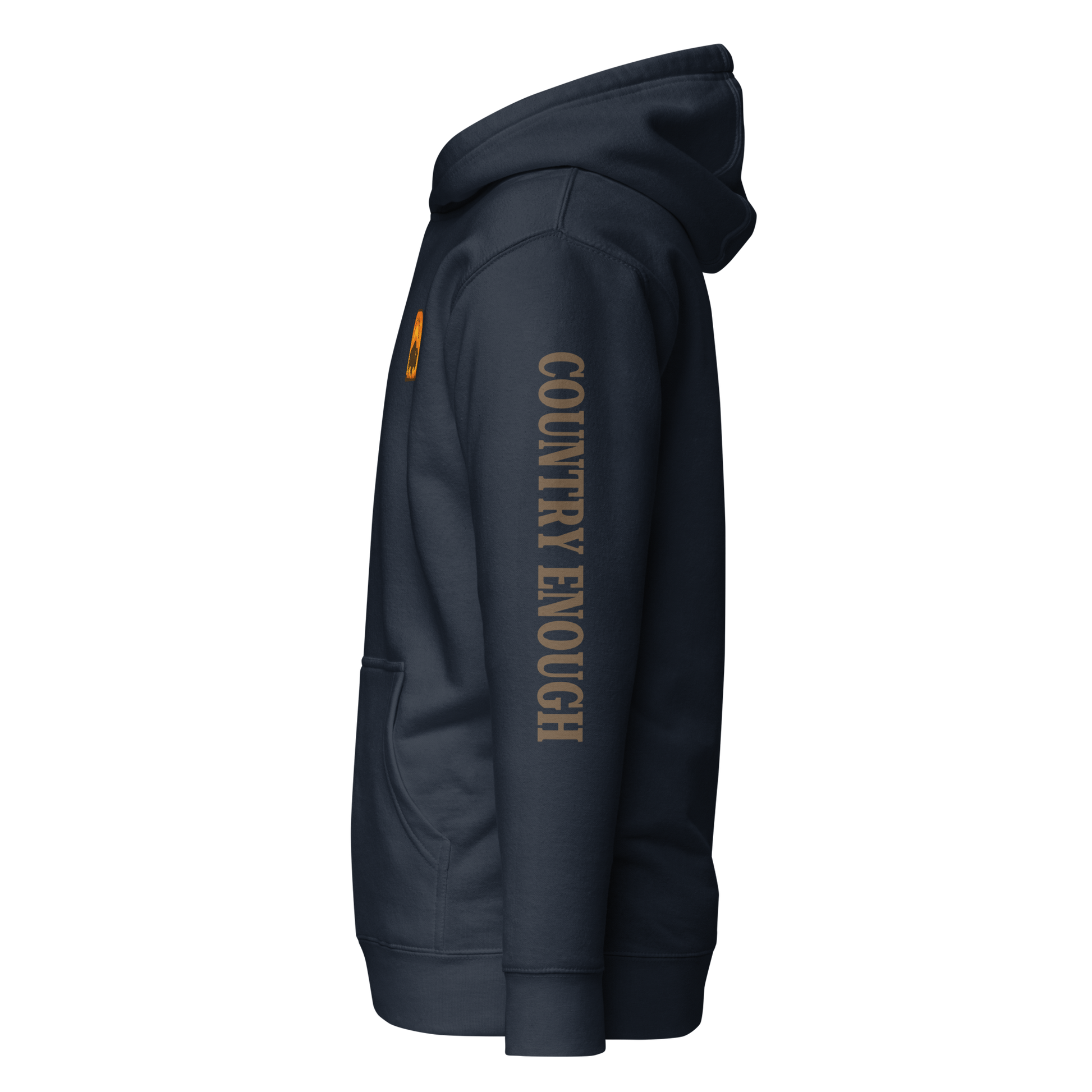 Navy Blazer hoodie with a chest logo that includes a based, sunset, mountains, and the words country enough #navyblazer