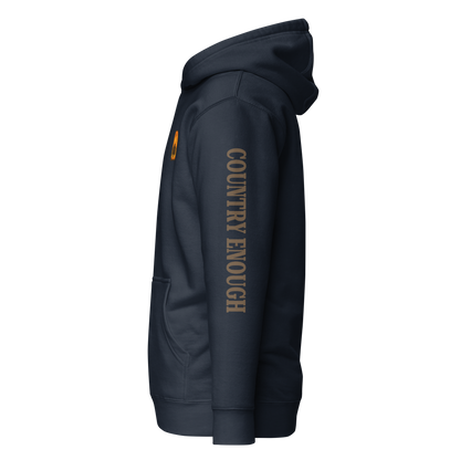 Navy Blazer hoodie with a chest logo that includes a based, sunset, mountains, and the words country enough #navyblazer