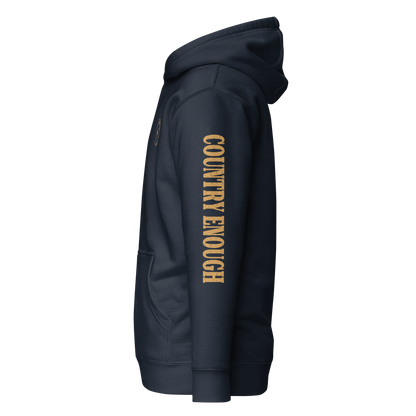 Navy Blazer hoodie with circular graphic of a bison, starry sky, and the words country enough and hold the range #navyblazer