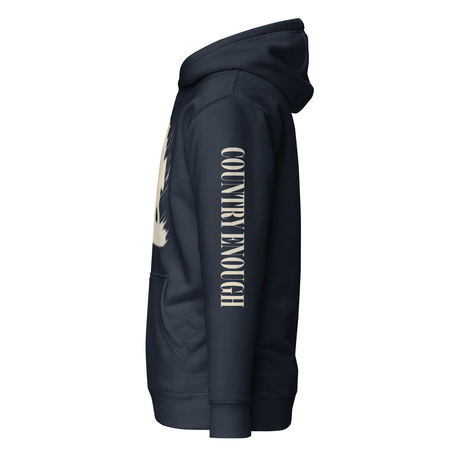 Navy Blazer hoodie with graphic of a cowgirl silhouette in a light pink color with words country enough #navyblazer