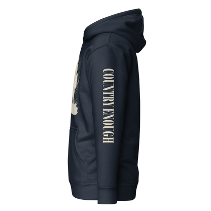 Navy Blazer hoodie with graphic of a cowgirl silhouette in a light pink color with words country enough #navyblazer