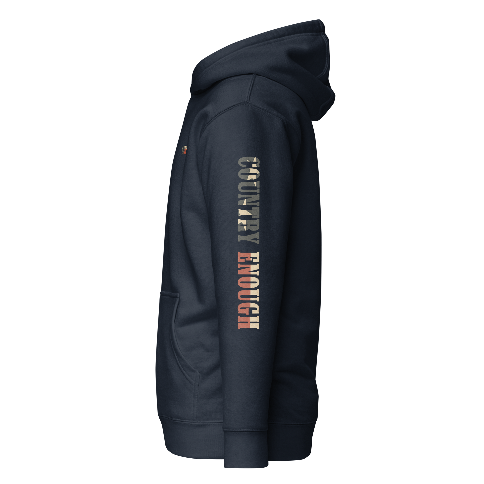 Navy Blazer hoodie with graphic of the words country enough filled with the American flag #navyblazer