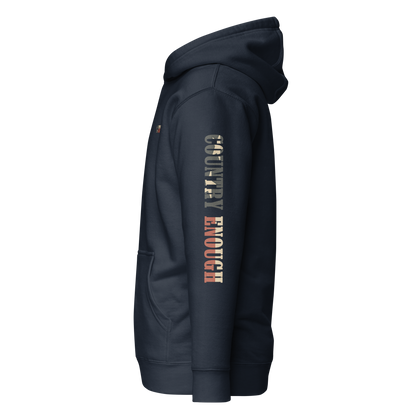 Navy Blazer hoodie with graphic of the words country enough filled with the American flag #navyblazer