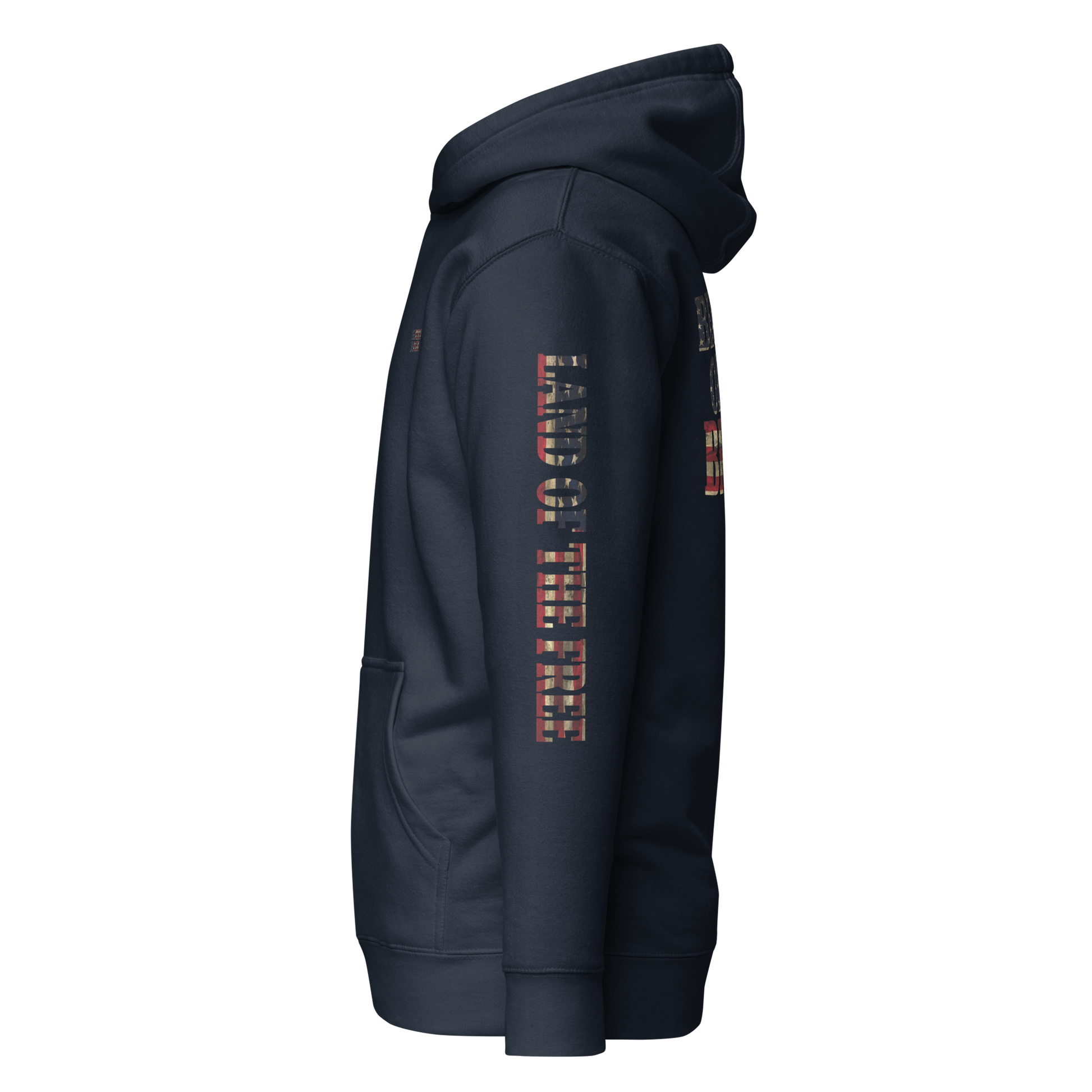 Navy Blazer hoodie with American flag fille words because of the brave on the back and land of the free on the sleeve #navyblazer