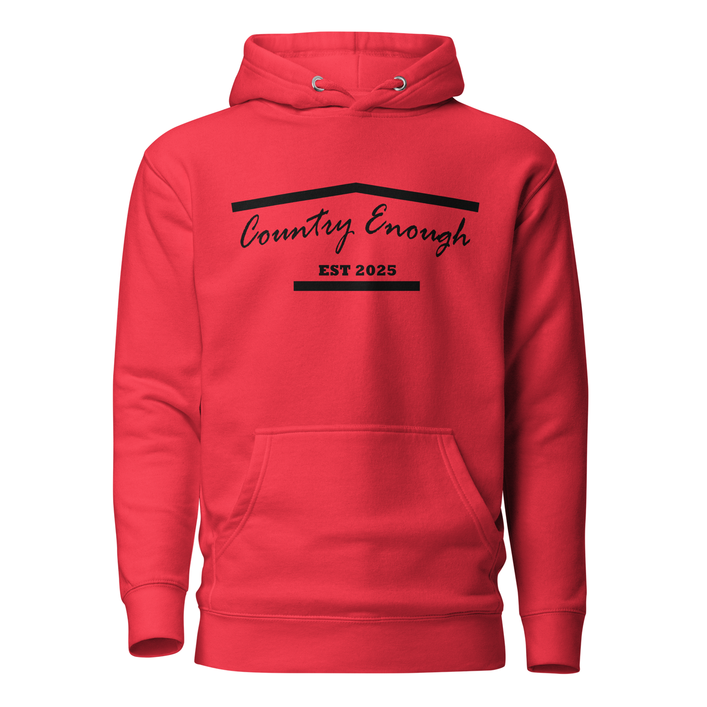 Red hoodie with graphic of the outline of a house and the words country enough est 2025 #red