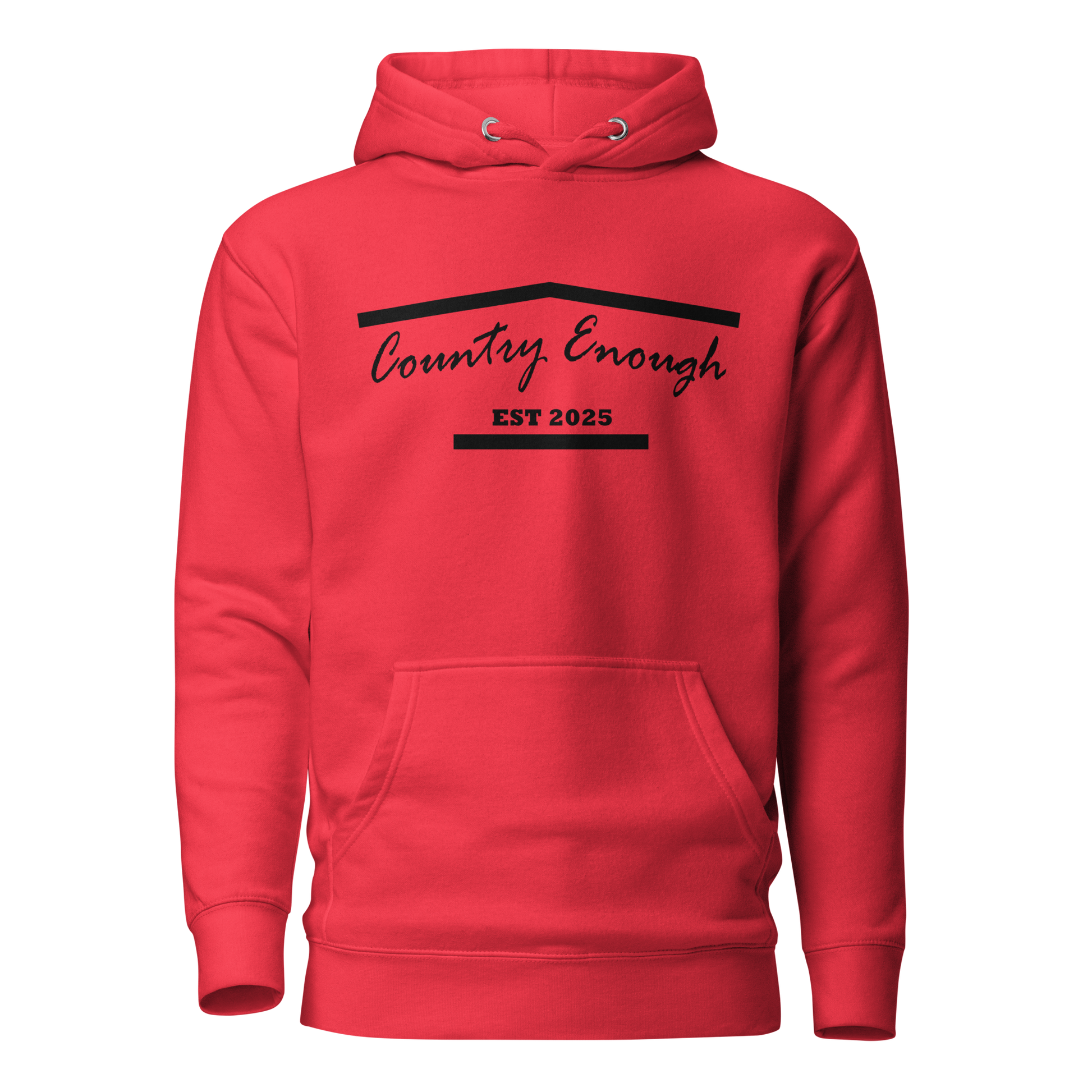 Red hoodie with graphic of the outline of a house and the words country enough est 2025 #red