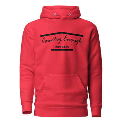Red hoodie with graphic of the outline of a house and the words country enough est 2025 #red