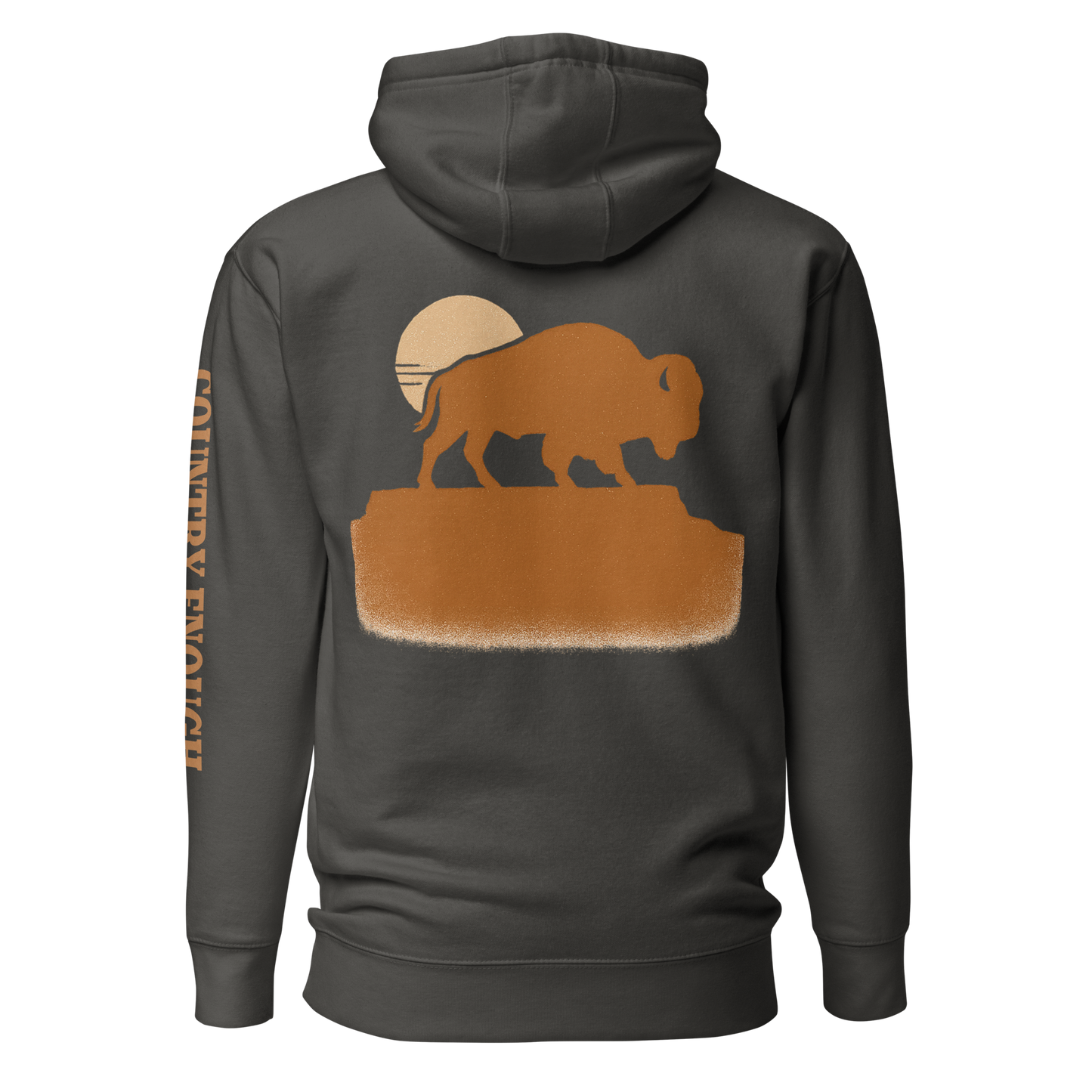 Vintage Black hoodie with graphic of bison atop a plateau, the sun behind, and the words country enough #vintageblack