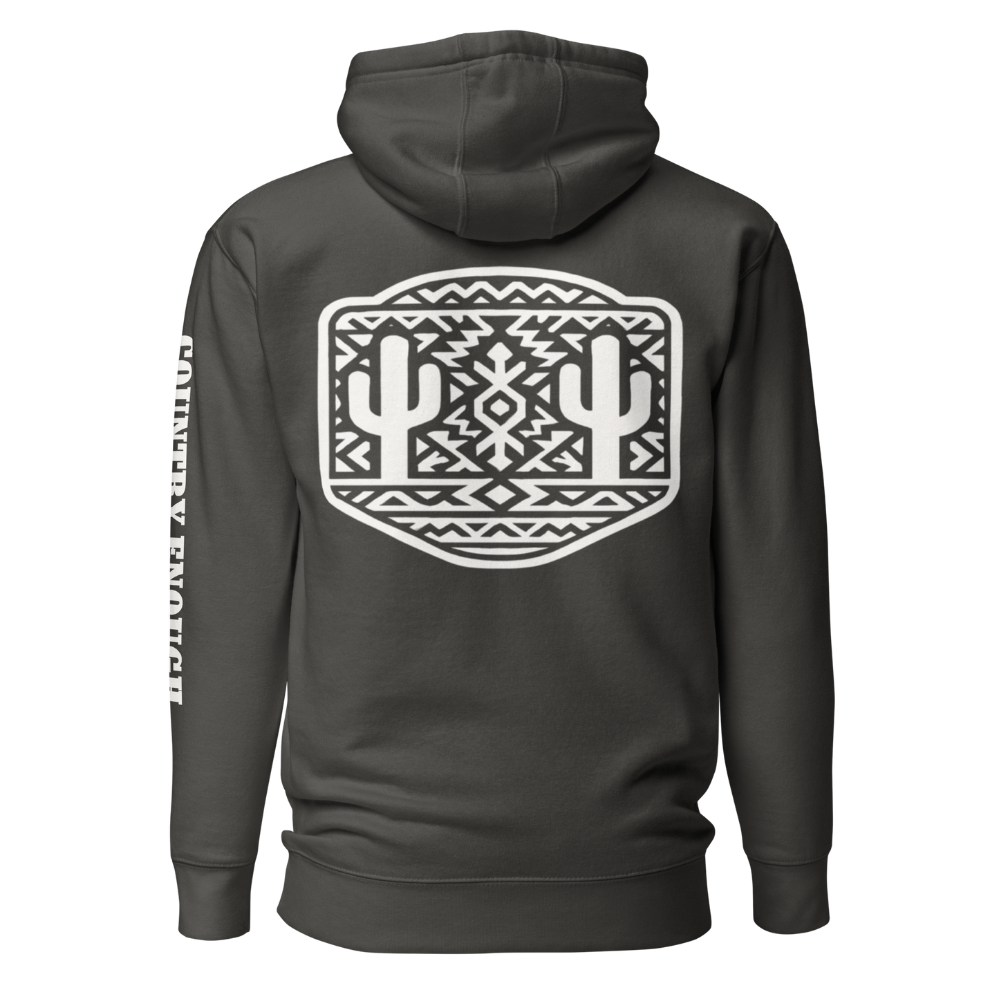 Vintage Black Hoodie with a geometric graphic surrounding aztec pattern and mirrored cacti. #vintageblack