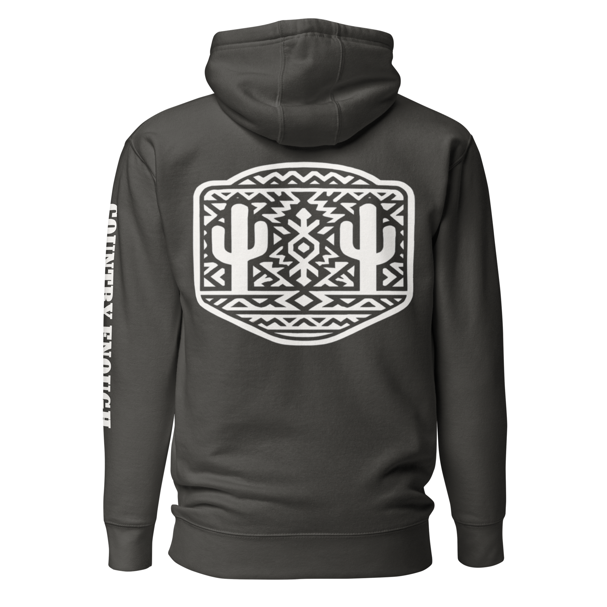 Vintage Black Hoodie with a geometric graphic surrounding aztec pattern and mirrored cacti. #vintageblack