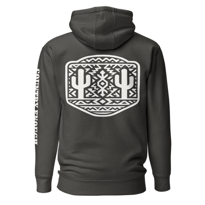 Vintage Black Hoodie with a geometric graphic surrounding aztec pattern and mirrored cacti. #vintageblack