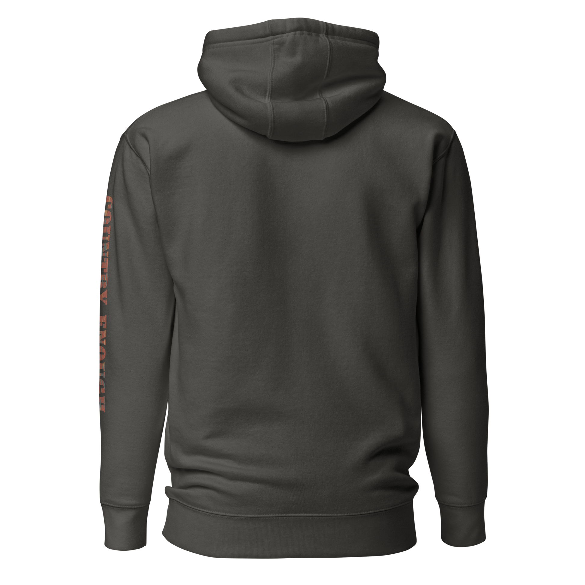 Dark Grey Heather hoodie with graphic of aztec patter, bull skull, and the words country enough #darkgreyheather
