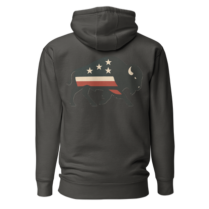 Vintage Black hoodie with graphic of American flag filled bison #vintageblack