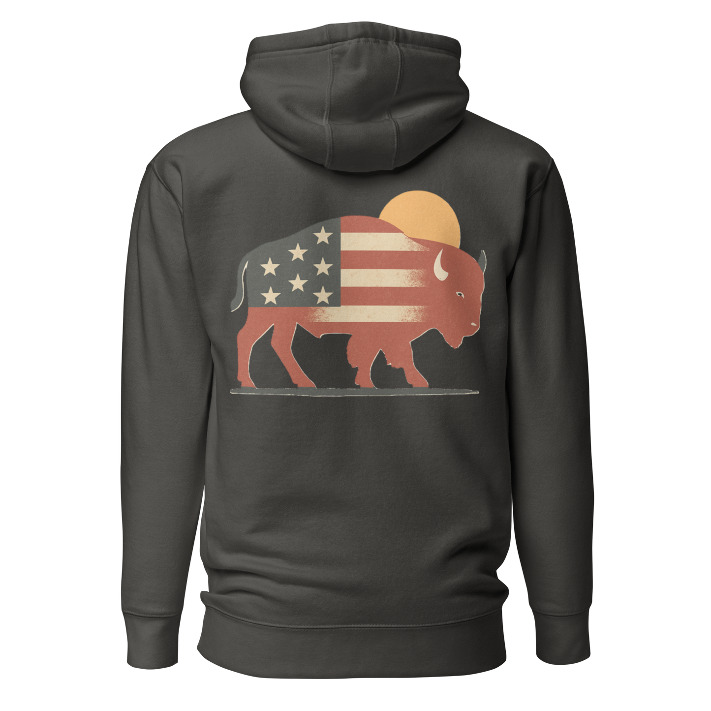Vintage Black hoodie with graphic of American flag filled bison and sun #vintageblack