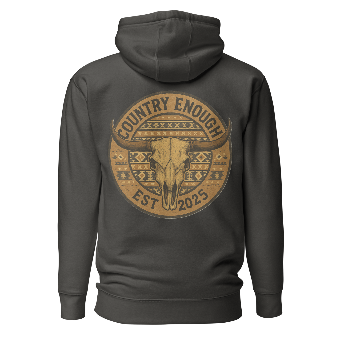 Vintage Black hoodie with western style graphic featuring longhorn skull and aztec print #vintageblack