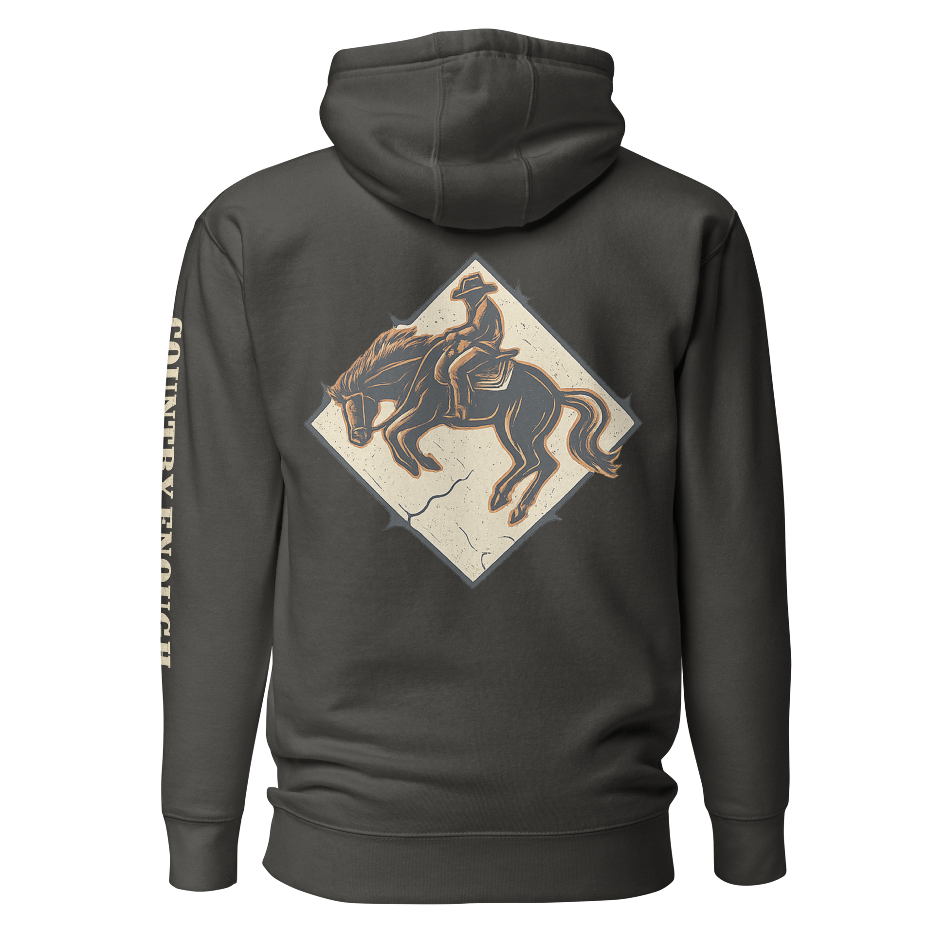 Vintage Black hoodie with diamond shape graphic including a bucking horse and rider #vintageblack
