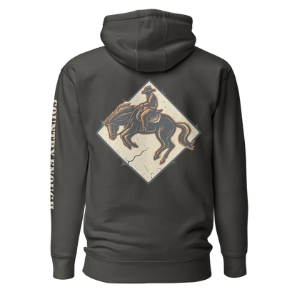 Vintage Black hoodie with diamond shape graphic including a bucking horse and rider #vintageblack
