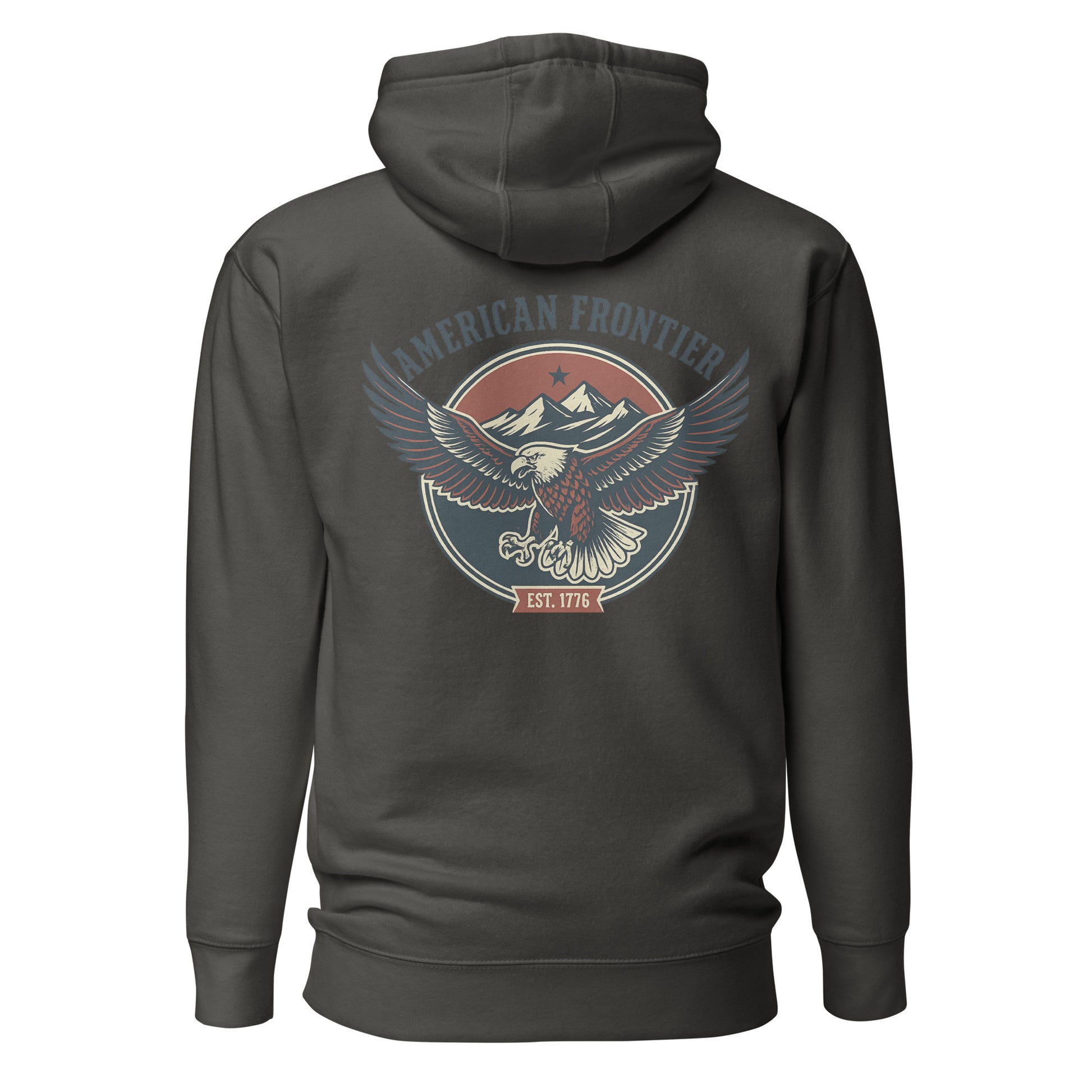 Vintage Black hoodie with an eagle and mountains in red, white, and blue with words American Frontier EST 1776 #vintageblack