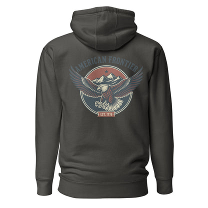 Vintage Black hoodie with an eagle and mountains in red, white, and blue with words American Frontier EST 1776 #vintageblack
