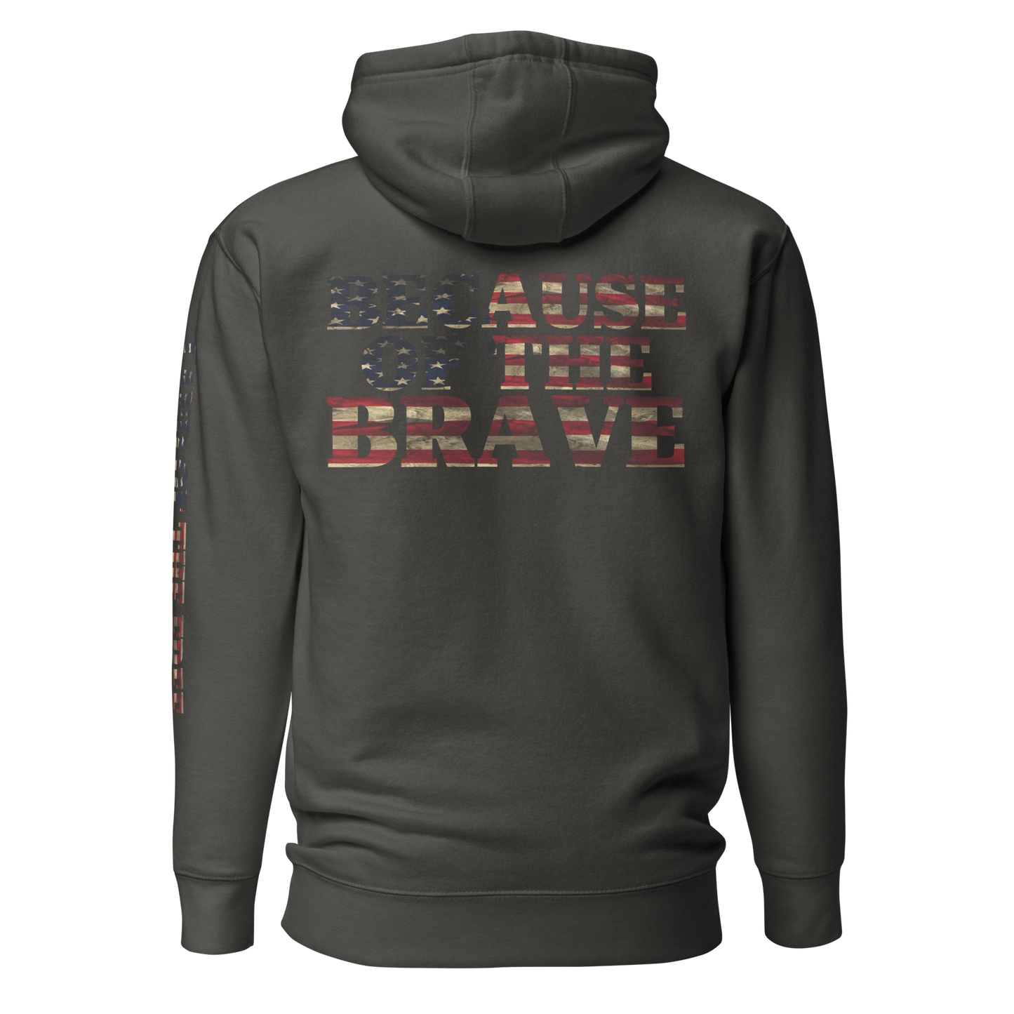 Vintage black hoodie with American flag fille words because of the brave on the back and land of the free on the sleeve #vintageblack